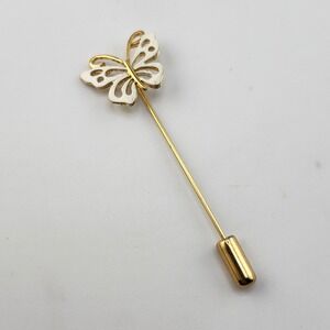 Gold Tone Butterfly Stick Pin Brooch with White Enamel‎